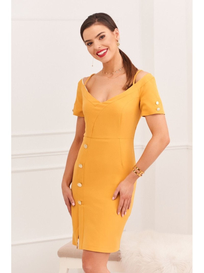 Elegant dress with a Carmen neckline, mustard 0484 - Online store - Boutique